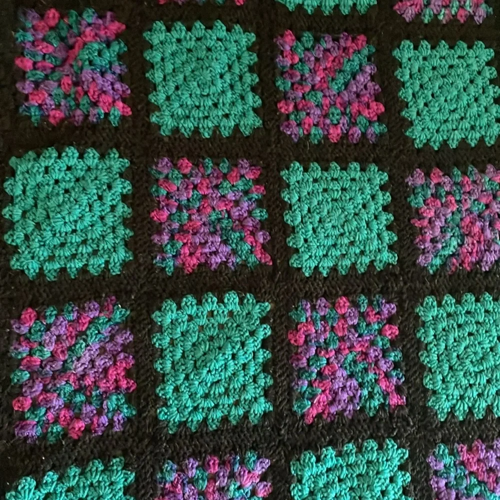 Handmade Crochet granny quilt with teal green/black & purple accents